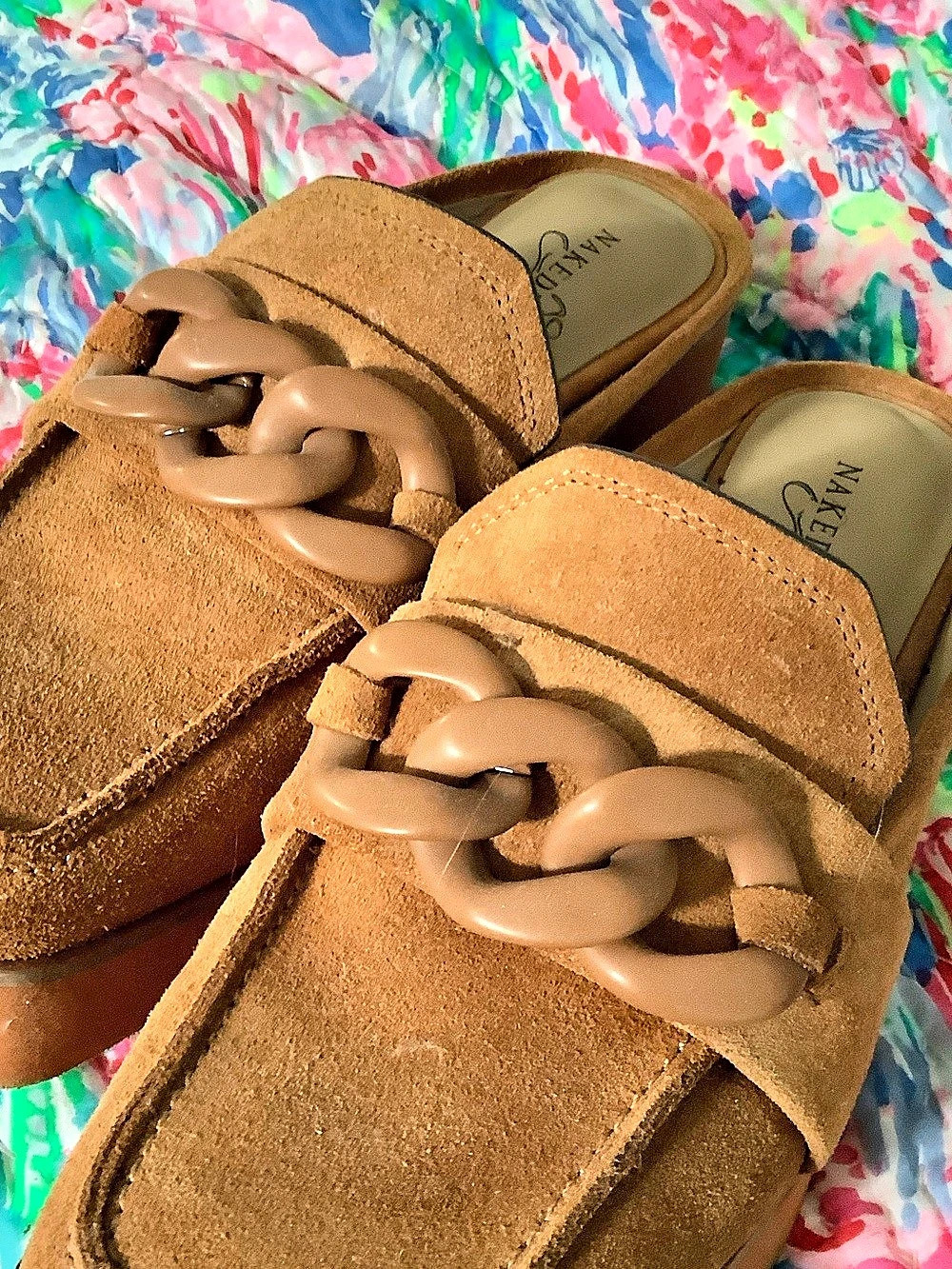 Chain Detail Slide Sandals in Brown Like New